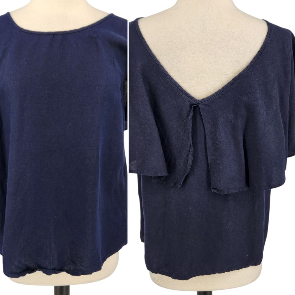 SALE Ann Taylor Linen Blend Cape Back Ruffle Deep V Back Navy Blue Size Medium
